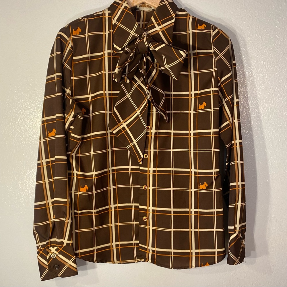 Vintage Retro 1970’s Neiman Marcus Scotty Dog Tie Front Blouse Brown & Orange